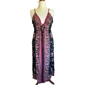 Angie Boho Maxi Dress | Black Pink Floral Print | Rayon | Festival | Size L